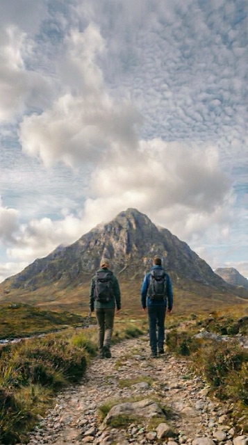 Two hikers approaching a Scottish peak, the welcome screen background in the Cairn app